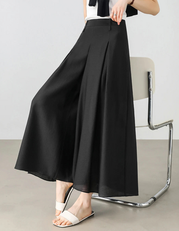 Black Lyocell Women's Skirts Pants Elegant High-waist Wide-leg Pants Folds Ankle Length Trousers Lady