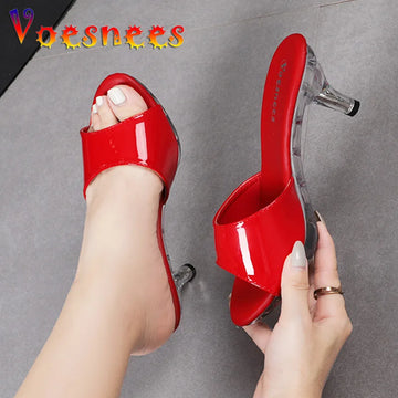 Summer Women Slippers Transparent Platform Thin High Heels 6.5CM Everyday Sandals Simple Style Slides Party Shoes 2022 New Red
