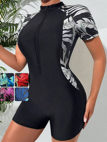 One Piece Floral Swimwear Swim Suit Women Short Sleeve Swimsuit Zip Front Tropical Plant Surfing Sun Protection(No built-in bra)