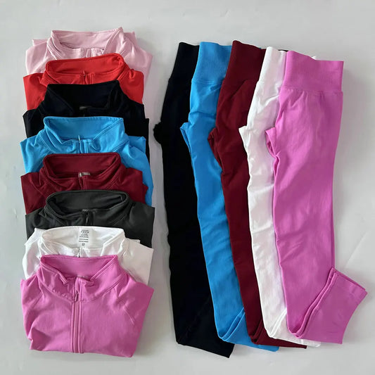 Women 2pcs Yoga Sets Long Sleeve Jacket Sport Top With Half Zip High Waisted Leggings Fitness Suits Seamless Running Workout Set