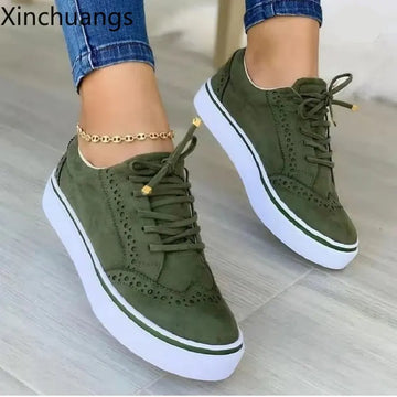 New Women Flat Casual Sneaker Spring Lace Up Sports Solid Color Walking Shoes