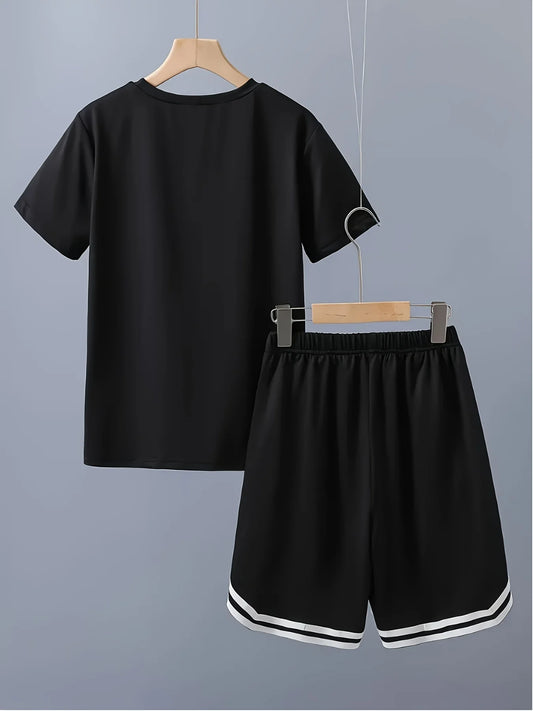 Summer 2025 new children's football and basketball sports set, boys' outdoor sports set, round neck T-shirt, polyester fiber com