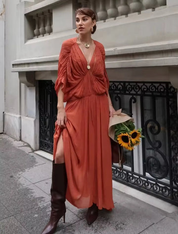 Bohemia Elegant Pleated Loose Party Dress Women V Neck Short Sleeve Long Dress with Lining Female Summer Holiday Beach Dress