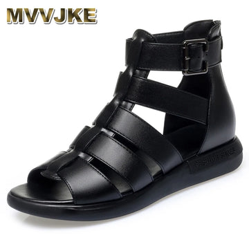 Fashion Summer Sandals Women Split Leather Open Toe Buckle Flat Casual Sandals Ladies Concise Roman Shoes