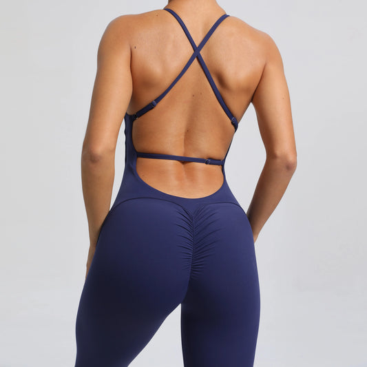 Women Workout Jumpsuit One Piece Fitness Training Yoga Suit Butt Backless Gym Bodysuit Stretch Women Sport Flare Playsuit