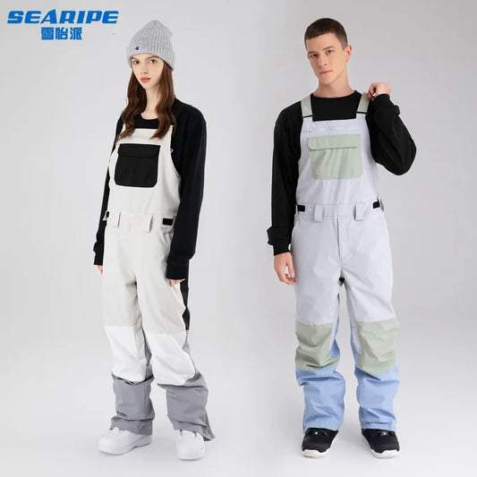 SEARIPE 2025 Snowboard Bib Pants - Waterproof & Abrasion-Resistant Colorblock Design for Men & Women - Outdoor Sports