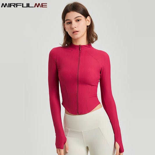 Women Sport Jackets Zipper Slim Yoga Jacket Long Sleeves Running Sweatshirts Textured Sportwear Curved Hem Gym Fitness Tops Coat
