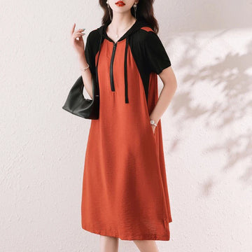 Fashion Hooded Spliced Loose Pockets Casual Dresses Women's Clothing 2025 Summer New Oversized Short Sleeve Commute Midi Dress