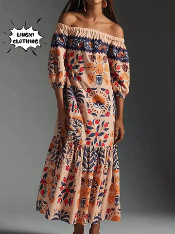 2024 Summer Fashion New Women's Retro Print Off Shoulder Loose Fitting Dress Bohemian Retro Elegant Wrapped Chest Long Dress