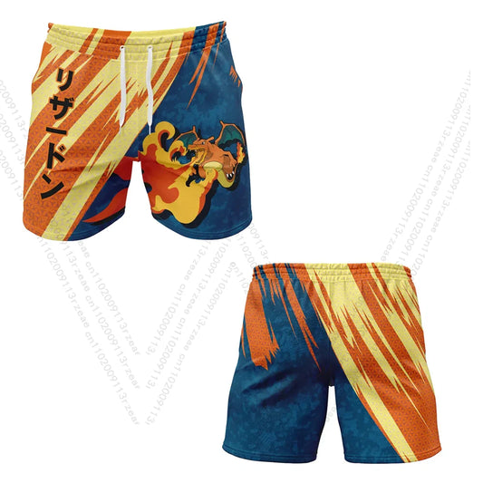 Charizard Pokemon Anime Men's Cosplay Set Print Gym T-shirt Pocket Monster Kawaii Breathable Shorts Quick Dry Sports Kids Suit