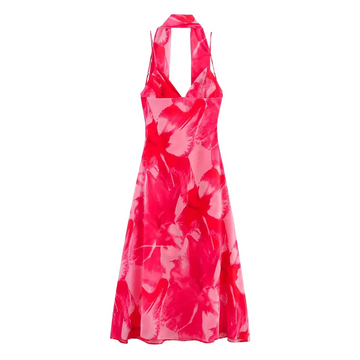 BM&MD&ZA2025V-neck thin sling backless design thin scarf decorated with printed long dress summer new women's clothing