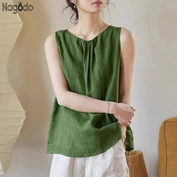 Summer Vintage Cotton Linen Woman Top Round Neck Green Sleeveless Vest Loose Breathable T-shirt Casual Women's Tee