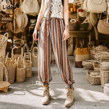 Casual Vintage Women's Printed Bloomers Pants Vacation Style Fashion All-match Elastic High Waist Pants Summer Female Clothing