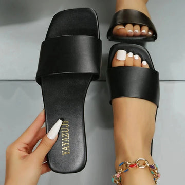 Fashion Minimalist Single Band Slide Sandals Solid Color Women Slippers Summer New Outdoor Sandy Beach Open Toe Flat Shoes Party