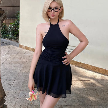 Women's Black Neck Hanging Mini Dress Summer 2025 Slim Fit Backless A Line Dresses Women Sexy Spaghetti Strap Party Dress Woman
