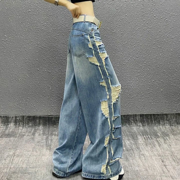 American Retro Ripped Full Length Grunge Street Jean Hip-hop Damage Baggy Mop Pants Women's Casual Y2K Emo Blue Denim Trouser