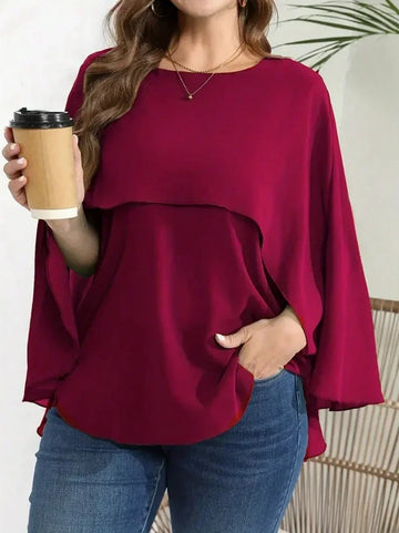 Plus Size 1XL-5XL Women’s Solid Batwing Sleeve Round Neck Shirt Top Women Fashion and Comfort Cloak Top Clothing