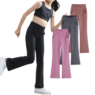 Girl's Flare Leggings Pocket Black Stretch Sports Yoga Pants Tights Children Dance Casual Slim Pants Kids Bell Bottoms Clothes