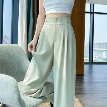New Spring Summer Button High Waist Wide Leg Pants for Women White High Waist Straight Loose Full Length Trousers Female