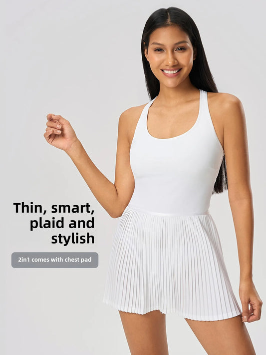 2025 New Back Shaping Sports Dress Women's With Chest Pad Yoga Vest Skirt Cool Breathable Tennis Pleated Skirt D25028