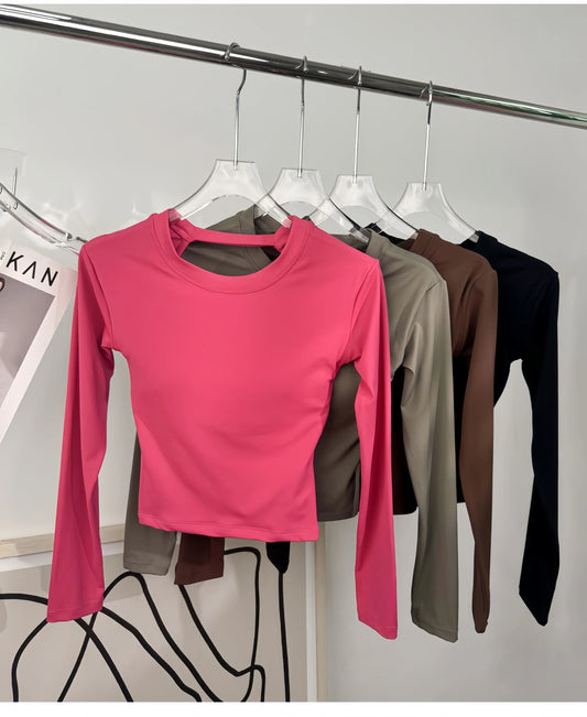 Yoga long-sleeved fixed-style sports bra; sexy backless workout top; short fitness suit for women to wear outside
