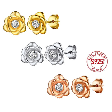 U7 925 Sterling Silver 3D Rose Stud Earrings for Woman Round CZ Flower Charm Push Back Stud Earring Dainty Daily Jewelry