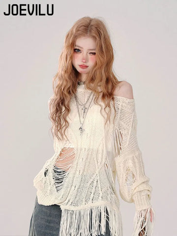 Babes Perforated Knitted Tops Thin Hollow Out Sweater Spring and Summer Korean Fashion Y2k Pullover Women's Loose Casual Blouse