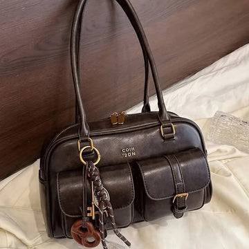 Women's Coffee Brown Multi-Pocket Handbag Shoulder Bag, Stylish Versatile Letter Crossbody Purse for Travel Work Shopping Dates
