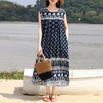 New Fashion Casual Vintage Summer Dress For Women 2025 Loose Dresses Sleeveless O-neck Women Clothing