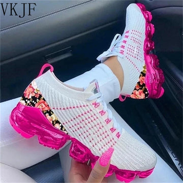 2024 New Sneakers Women Spring Fashion Knitted Fabric Floral Lace Up Ladies Casual Shoes Larged-Size Flats Running Sport Shoes