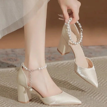 2025 New Elegant Pearl-Embellished Satin Heels - 5cm Chunky Low Heel Bridal Shoes with Adjustable Ankle Strap