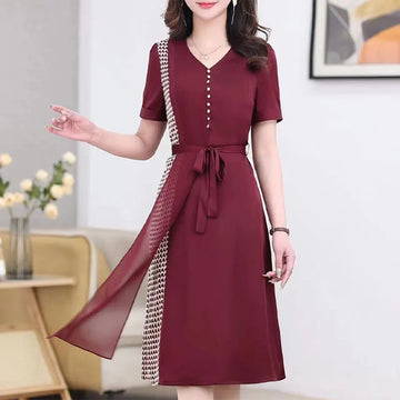 Fashion Printed Patchwork Midi Dress Summer Casual Short Sleeve Female Clothing V-Neck Elegant A-Line Drawstring Waist Dresses