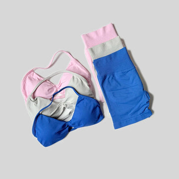Women Solid Fitness Gym Bike Yoga Set High Waist Peach Short Legging Halter Neck Sport Bra 2pc Tracksuit Athletic Gym Suit