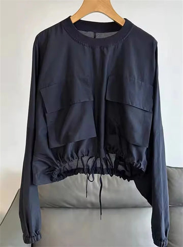 Fashion Round Neck Blue Top Long Sleeves Thin Blouse Women's Casual Loose Aged Shirt Versatile Drawstring Women's Clothes
