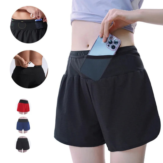 (S-4XL)Double Layers Quick Dry Marathon Running Shorts Women Men Exercise Fitness Sport Shorts with Waist Pouch Pocket