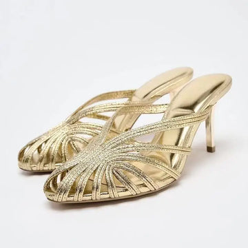 Golden Narrow Band Design Brand High Heel Slippers Women Fashion Pointed Toe Thin Heel Slide Sandals Elegant Banquet Dress Shoes