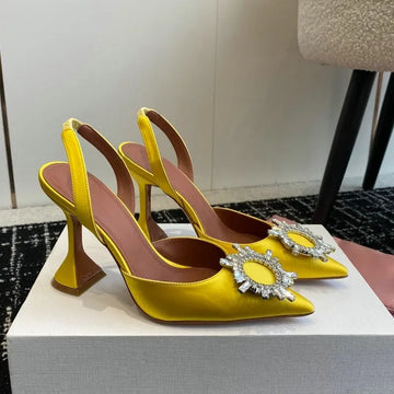 2025 Bow Rhinestone High Heels Sunflower Silk Pointed Party Sandals For Women Wedding Shoes