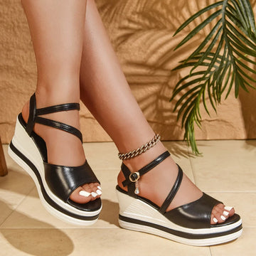 2025 New Summer Women's Sandals Wedges Round Toe Shoes for Women Open Toe Buckle Strap Sandals Platform Outdoor Dress Shoes