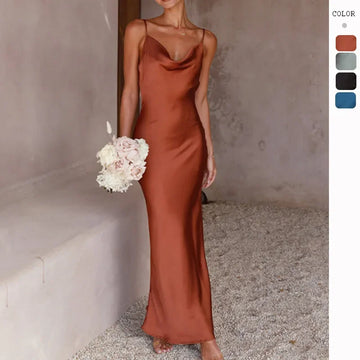Chic Swing Neck Sexy Satin Dress Women 2025 Solid Color Summer New Straps Slim Wedding Party Long Dresses Female Clothes