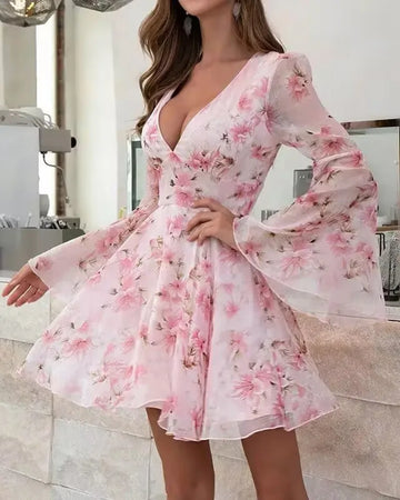 Summer Dresses Women 2025 Sweet Floral Print Bell Sleeve Plunge Dress Sexy V Neck Party Female Dress for Girl Beautiful Clothes