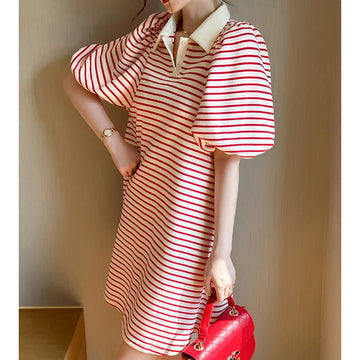 Fashion Lapel Striped Sweet Puff Sleeve Casual Dresses Female Clothing 2024 Summer New Loose All-match Short Sleeve Dress