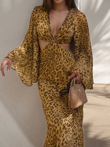 Autumn New Women's Dresses Fashion Leopard Print Casual Slim Long Sleeves Dress Sexy Hollow Out Backless V-neck Dresses Clothing