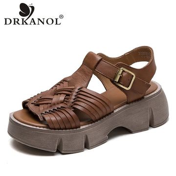 DRKANOL 2025 Retro Summer Sandals Women Wedges Heel Sandals Handmade Woven Genuine leather Chunky Platform Casual Roman Shoes