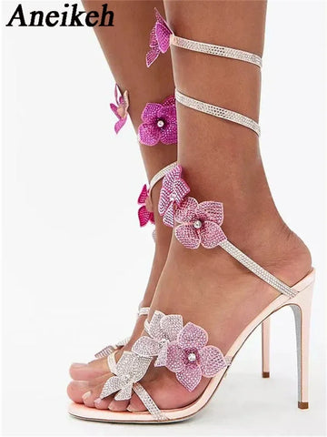 Aneikeh Sexy CRYSTAL Flower Narrow Band Ankle Strap Sandals Woman Thin High Heels Street Style Pole Dancing Ladies Shoes