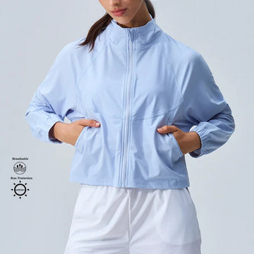 Women's Athletic Workout Running Track Full Zip Cropped Jackets UPF 50+ Sun Protection Long Sleeve Workout Shirts Yoga Gym Top