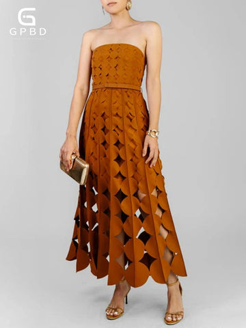 Circular Cut Out Dress For Women Strapless High Waist Patchwork Tassel Hem Solid Maxi Dresses Female 2025 Summer Clothing
