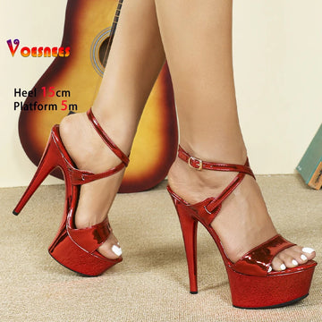 Fine Heeled Model Shoes For Women European And American Music Festivals laser Bright Nightclub Women Sandals 15CM High Heels