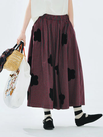 Red checkered dress pants original summer loose artistic three-dimensional lace dark grid women's pants