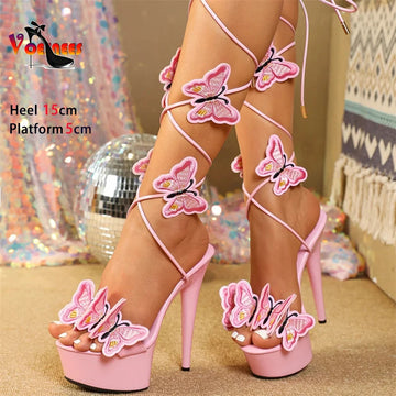 15CM Elegant Women Shoes 2024 New Pink Yellow Cross Strap Platform Sandals Handmade Embroidery Butterfly Open Toe High Heels
