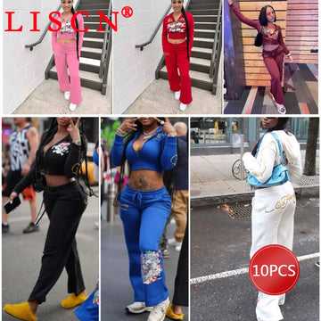 10 Bulk Items Wholesale Lots Tracksuits 2024 Printing 2 Piece Set Women Outfits Long Sleeve Zipper Hooded Jacket + Pant K12654_2